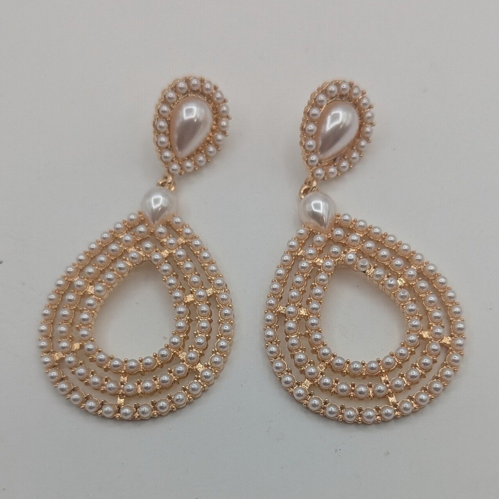 Gold Tone Faux Pearl Multi Tier Teardrop‎ Dangle Drop Earrings Wedding Formal